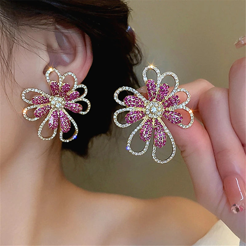 Pink Rhinestone Flower Earrings - Gold Hollow Metal Statement Dangle - AstroVerse™
