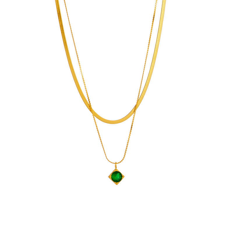 Elegant green square diamond pendant necklace by eprolo featuring a high-end titanium steel double-layer chain, European and American style.