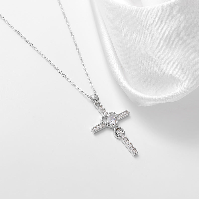 Creative 925 sterling silver heart-shaped cross necklace with fashionable simple and versatile accessories