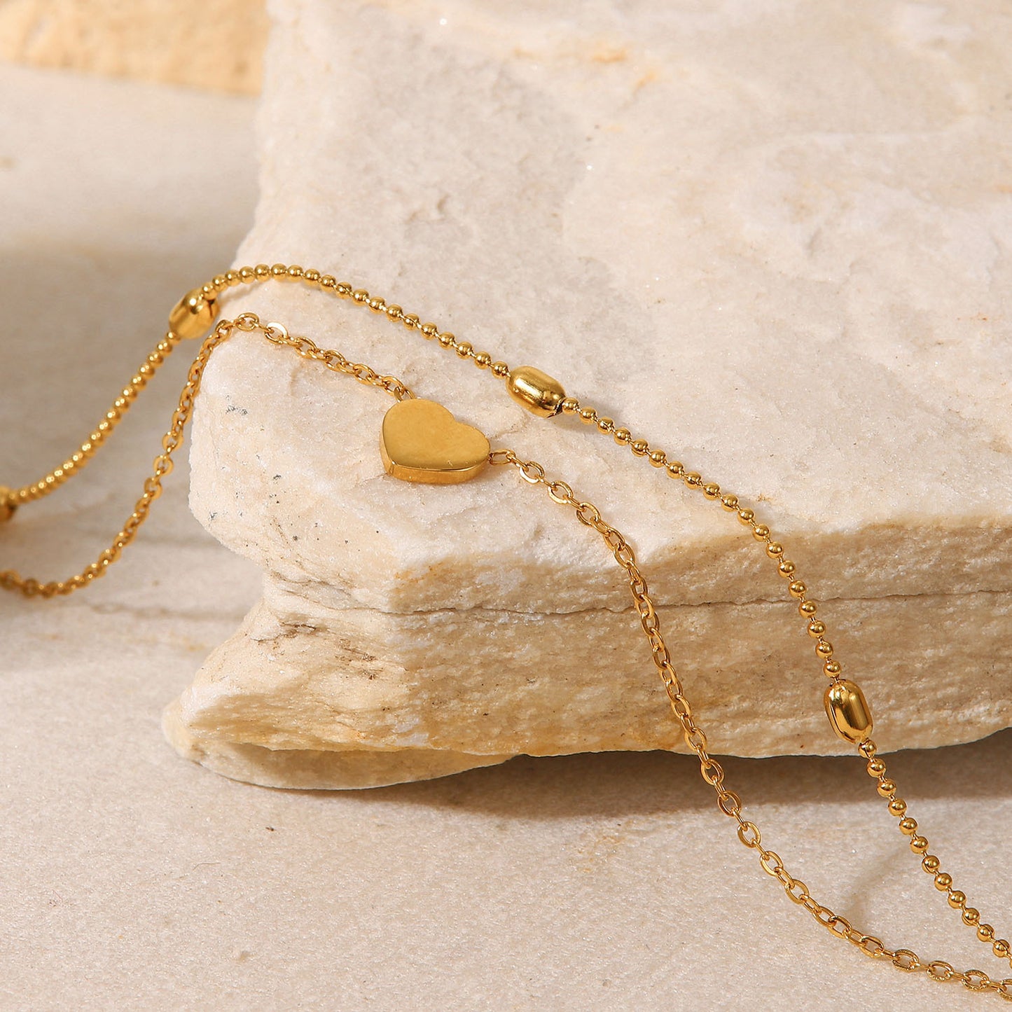 Double Layer Heart Anklet Stainless Steel - Oval Bead Chain 2-Piece - AstroVerse™