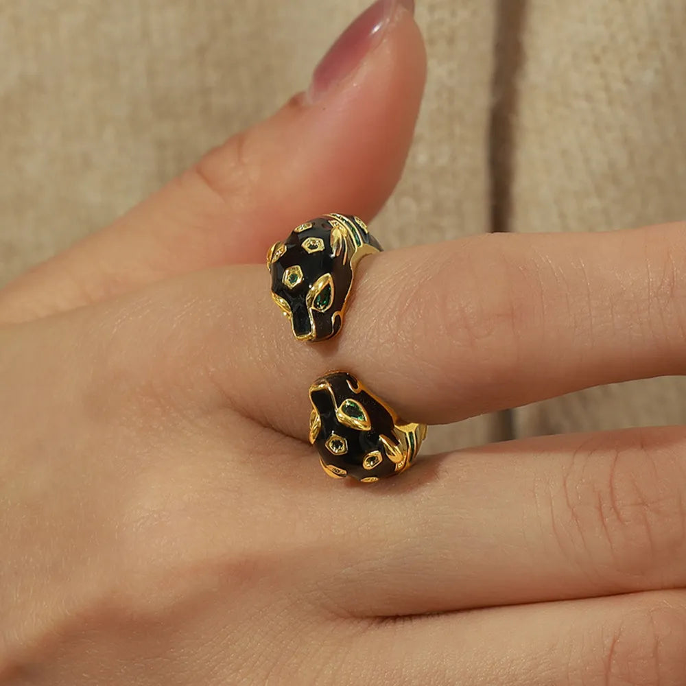 Black Panther Ring - Enamel Open Band with Crystals Adjustable - AstroVerse™