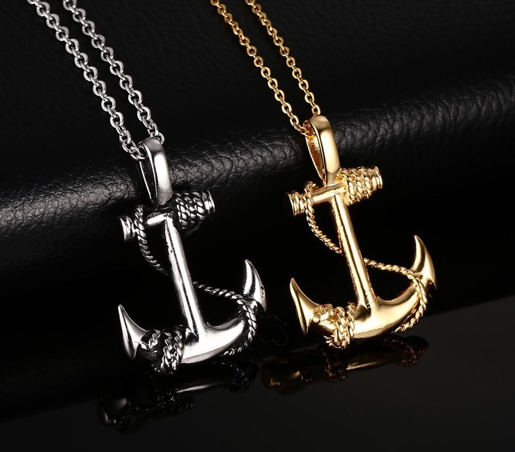 Men's stainless steel anchor pendant inspired by Pirates of the Caribbean, featuring detailed nautical design.