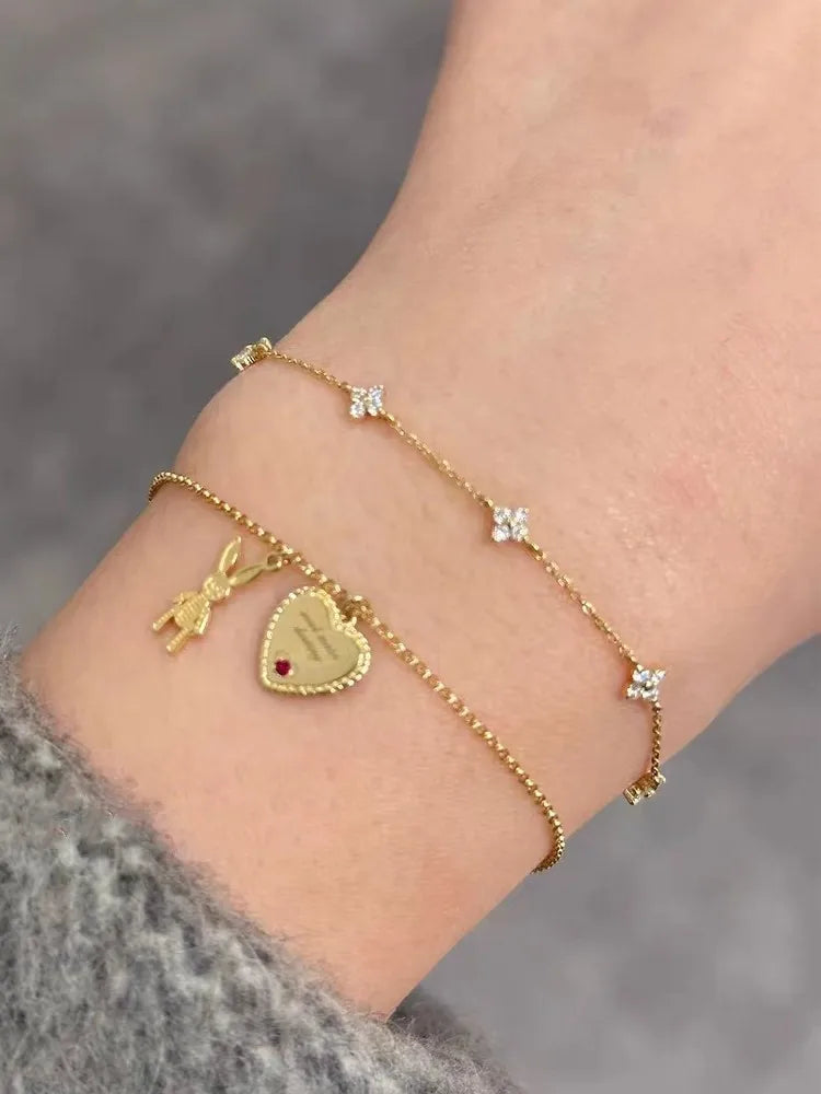 925 Sterling Silver Flower Bracelet - Five Zircon Clover Charm Gold Plated - AstroVerse™