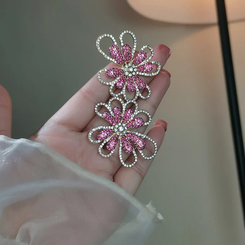 Pink Rhinestone Flower Earrings - Gold Hollow Metal Statement Dangle - AstroVerse™