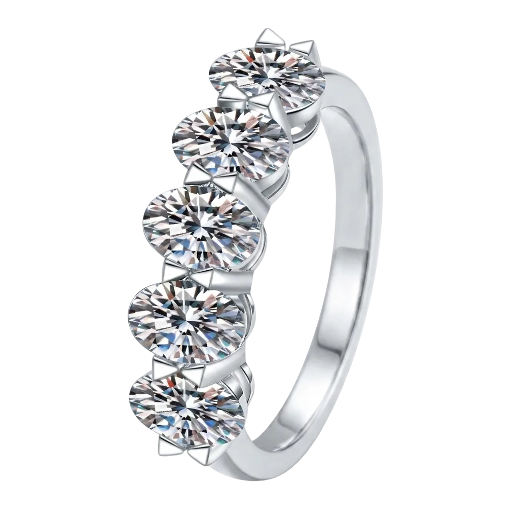 Sterling silver ring featuring a 2.5 carat moissanite gemstone, designed with a Gemini-inspired style.