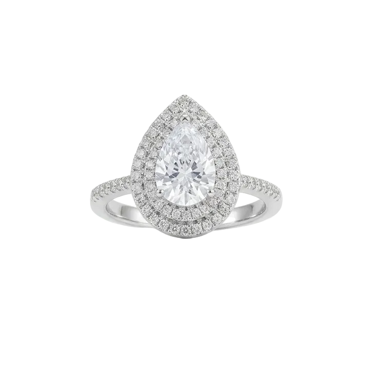 Pear-shaped zircon engagement ring with water drop design in silver, featuring sparkling stones and elegant craftsmanship.