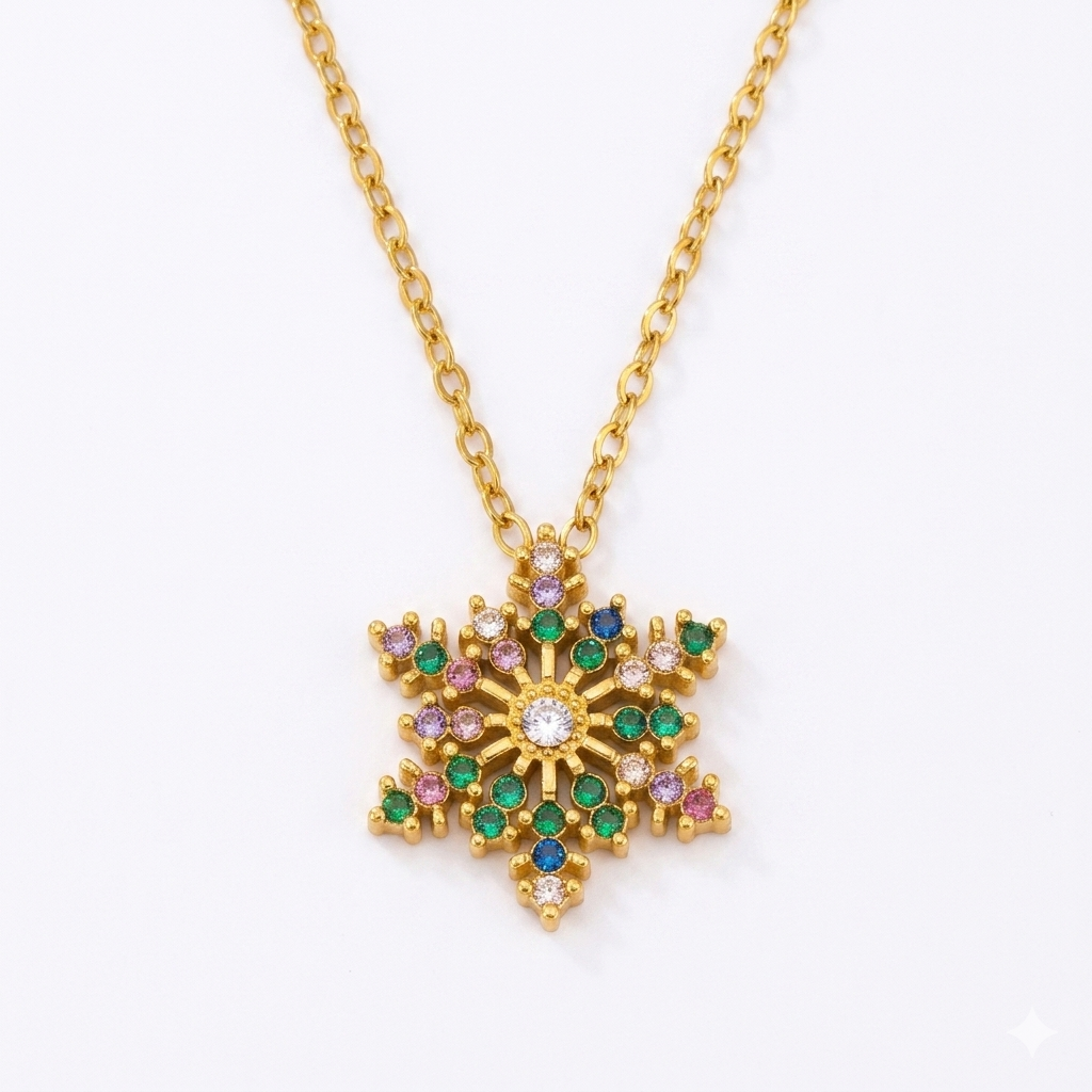 Stainless steel Inland Zircon Snowflake Necklace featuring a detailed snowflake pendant with sparkling zircon stones.