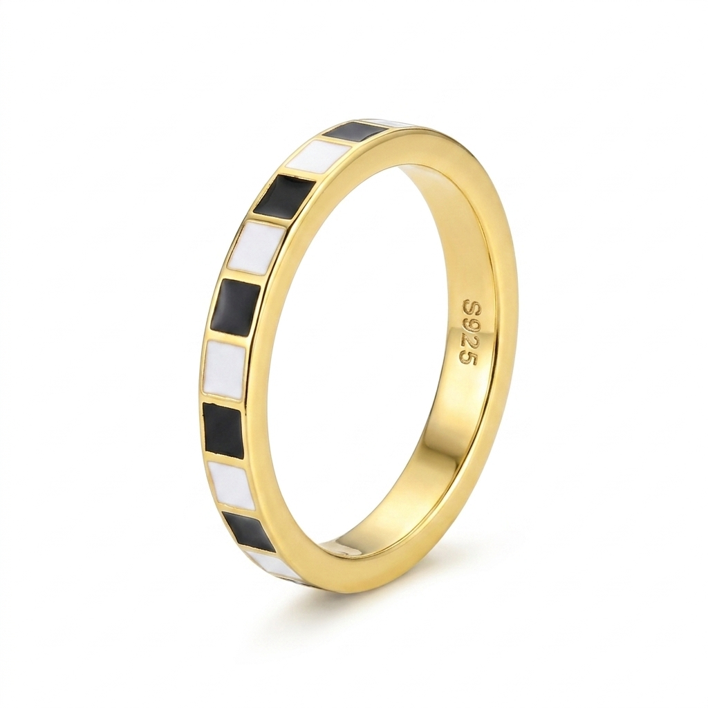 Black and white checkerboard gold ring for women showcasing a stylish Gemini design by eprolo.