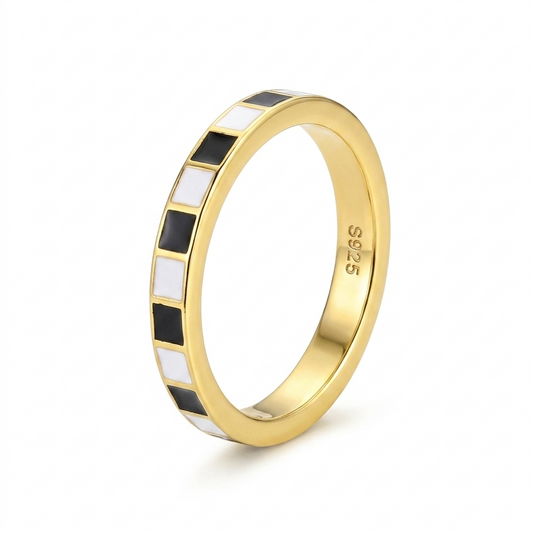 Black and White Women Checkerboard Gold Ring