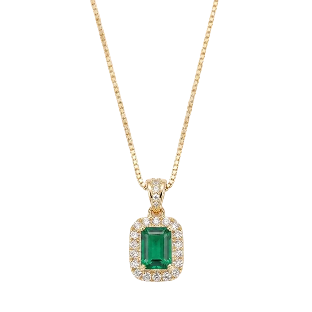 Emerald green pendant necklace with square zircon crystal and copper chain, stylish jewelry by eprolo.
