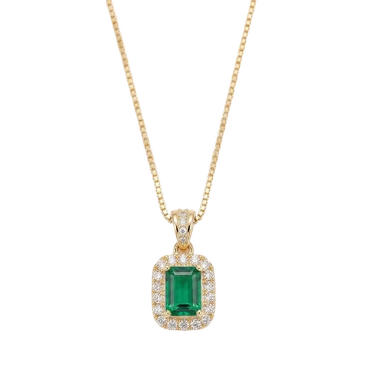 Emerald Green Pendant Necklace - Square Zircon Crystal Copper