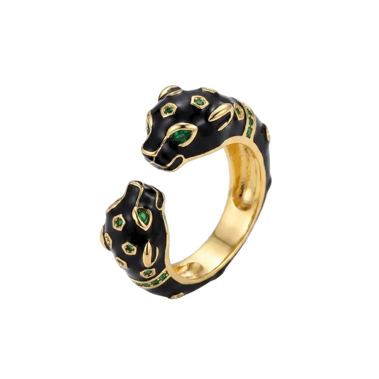 Enamel black Panther ring with open band and crystal accents, adjustable jewelry piece by eprolo.