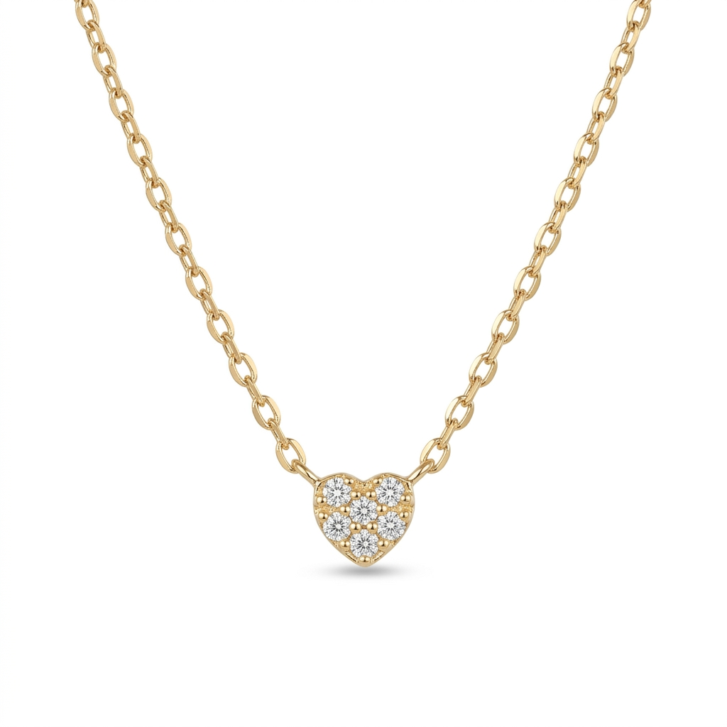 Dainty heart necklace with diamond pendant in 925 silver, 14K gold plated, featuring a delicate chain and sparkling gemstone.