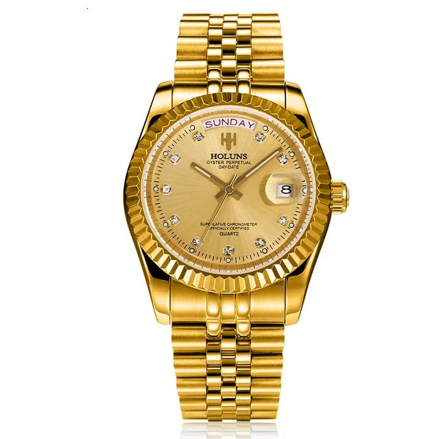 Holuns Men Watches Luxury Top Brand Gold Diamond Role Quartz Stainless Steel Calendar Relogio Masculino Wrist Watch Clock - AstroVerse™