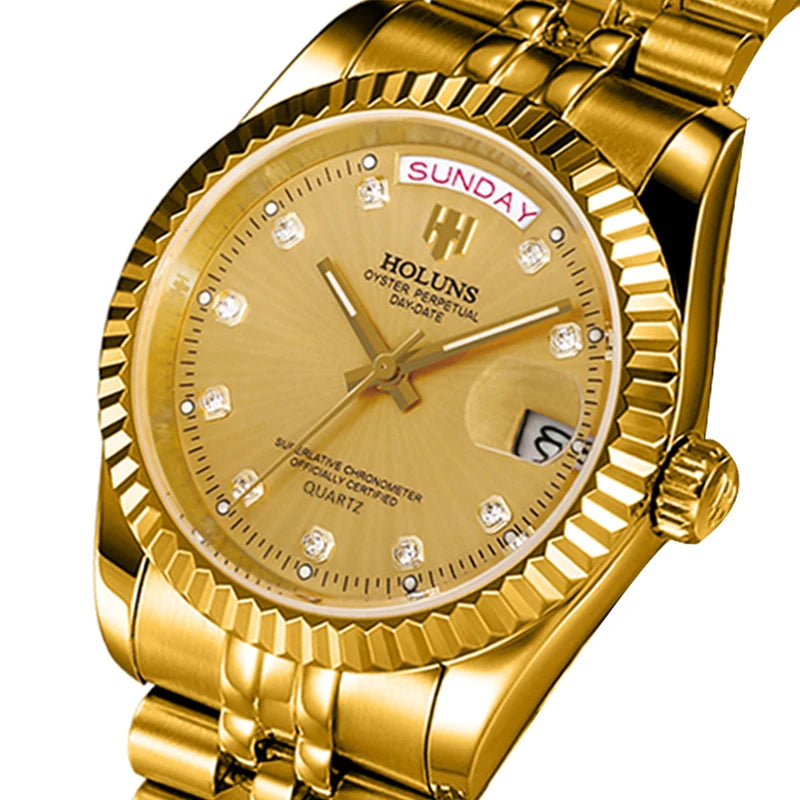 Holuns Men Watches Luxury Top Brand Gold Diamond Role Quartz Stainless Steel Calendar Relogio Masculino Wrist Watch Clock - AstroVerse™