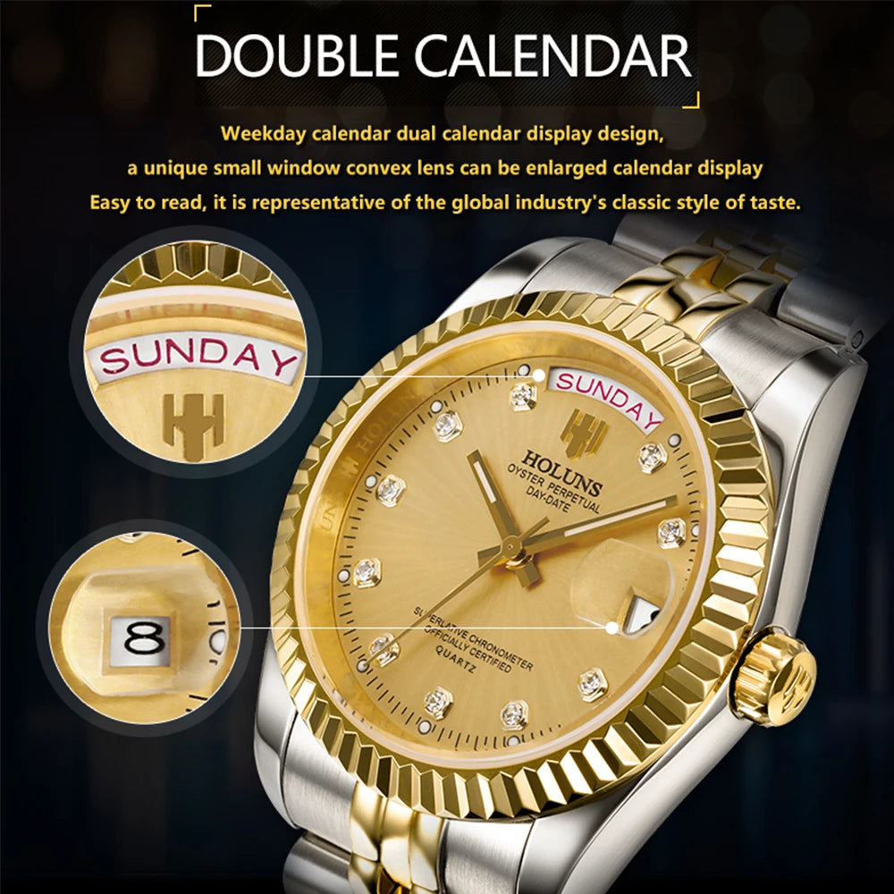 Holuns Men Watches Luxury Top Brand Gold Diamond Role Quartz Stainless Steel Calendar Relogio Masculino Wrist Watch Clock - AstroVerse™