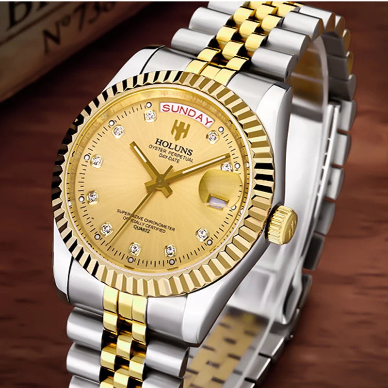Holuns Men Watches Luxury Top Brand Gold Diamond Role Quartz Stainless Steel Calendar Relogio Masculino Wrist Watch Clock - AstroVerse™