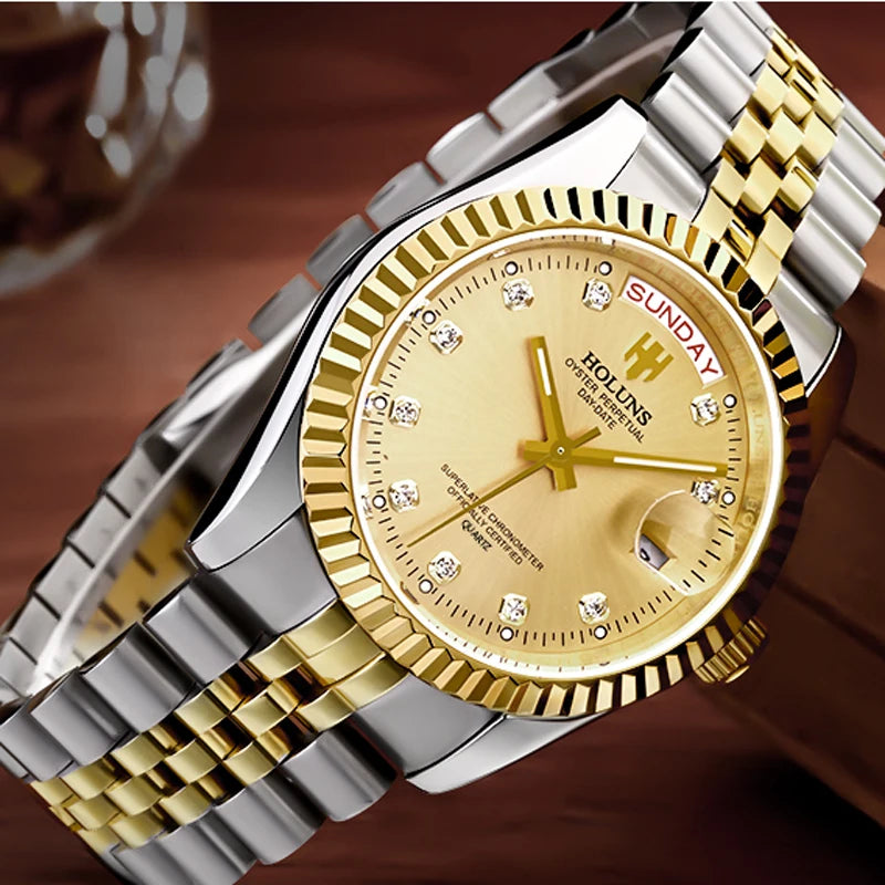 Holuns Men Watches Luxury Top Brand Gold Diamond Role Quartz Stainless Steel Calendar Relogio Masculino Wrist Watch Clock - AstroVerse™