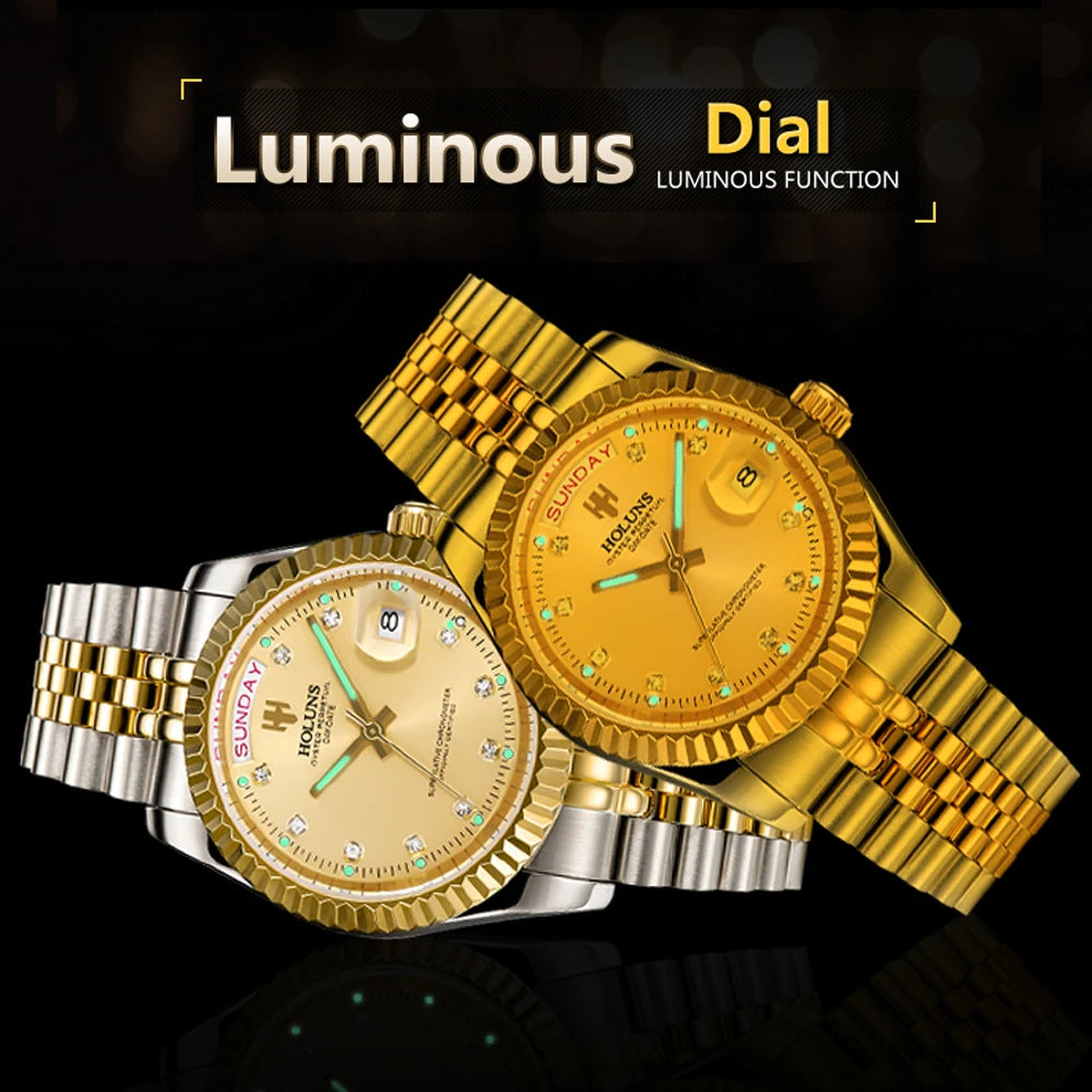 Holuns Men Watches Luxury Top Brand Gold Diamond Role Quartz Stainless Steel Calendar Relogio Masculino Wrist Watch Clock - AstroVerse™