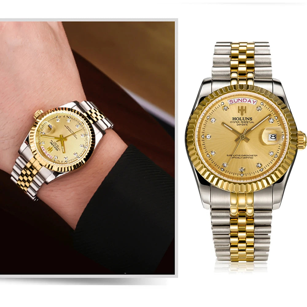 Holuns Men Watches Luxury Top Brand Gold Diamond Role Quartz Stainless Steel Calendar Relogio Masculino Wrist Watch Clock - AstroVerse™