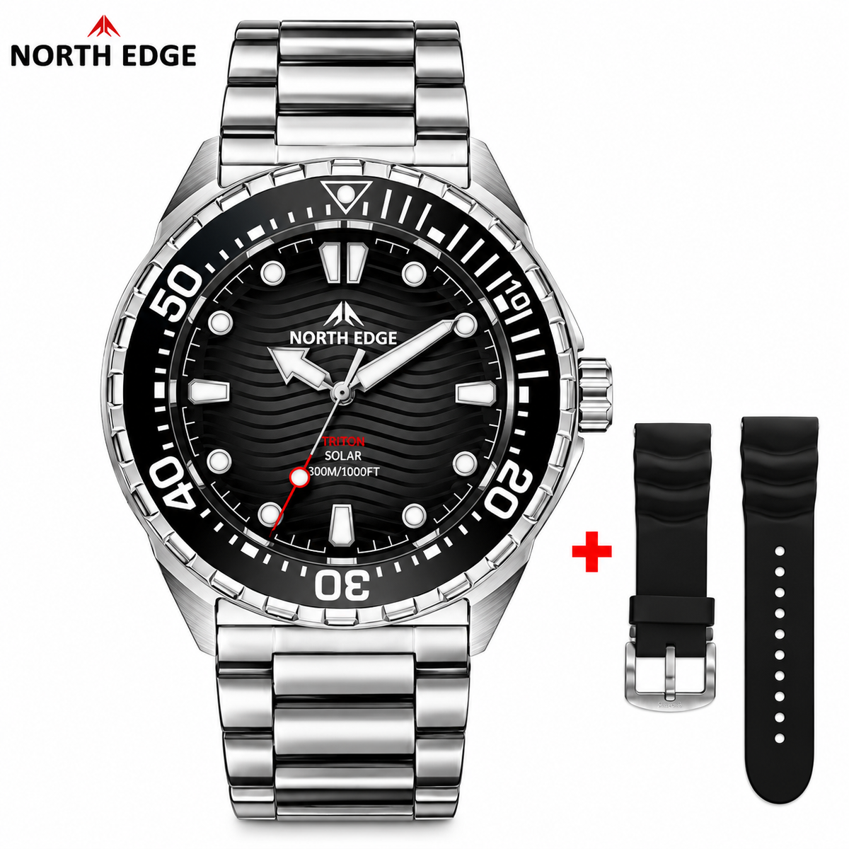 Ticora North Edge Triton-Ti solar-powered titanium diving watch with black dial and stainless steel bracelet.