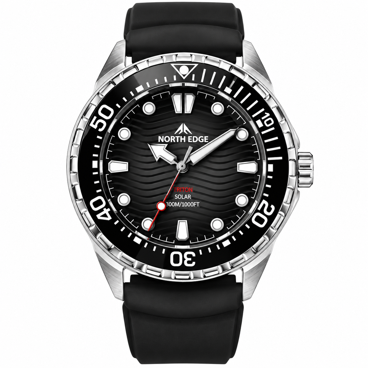 Ticora North Edge Triton-Ti solar-powered titanium diving watch with black dial, luminous hands, and rotating bezel.