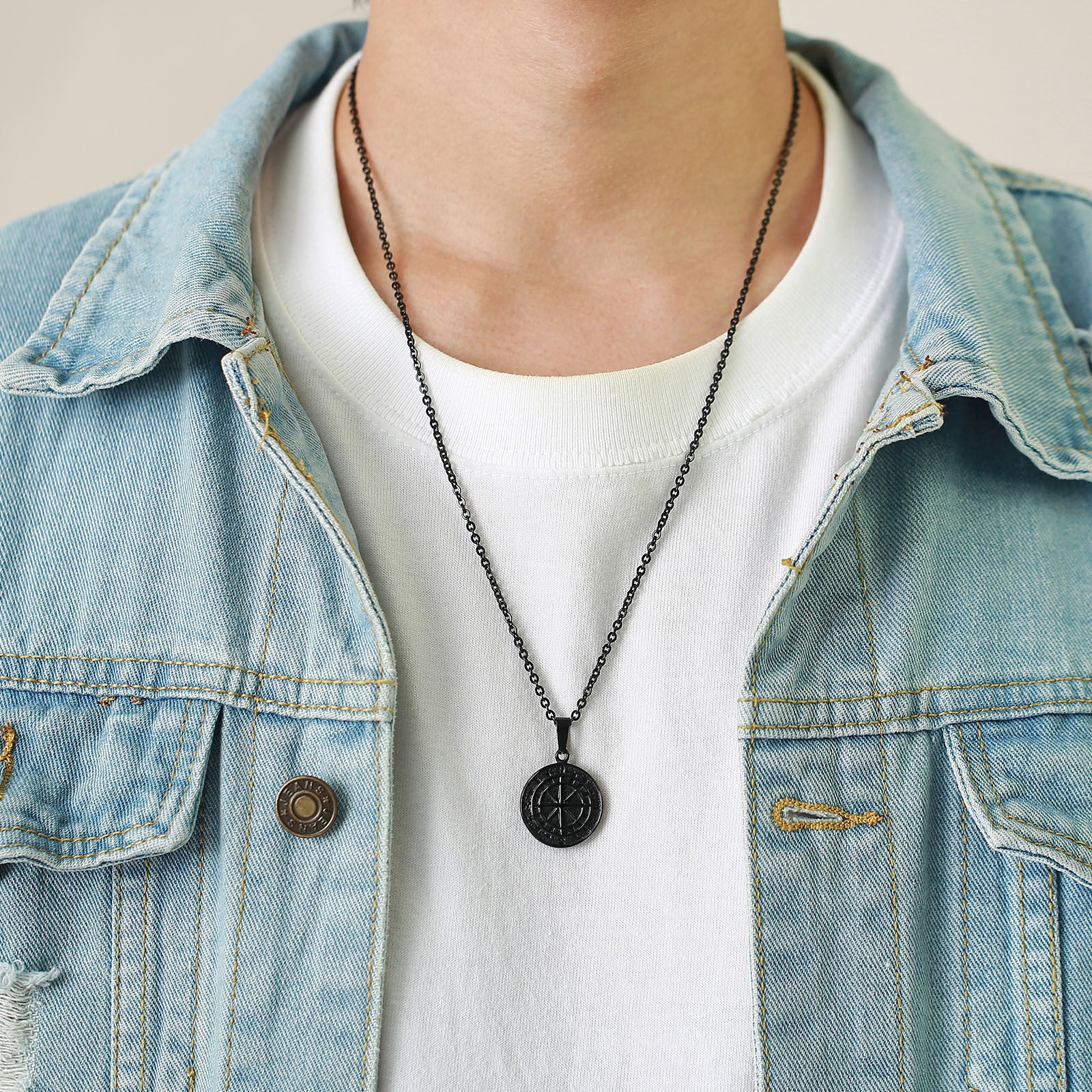 Gold compass coin pendant necklace for men, hip hop style, featuring a detailed compass design on a gold chain.