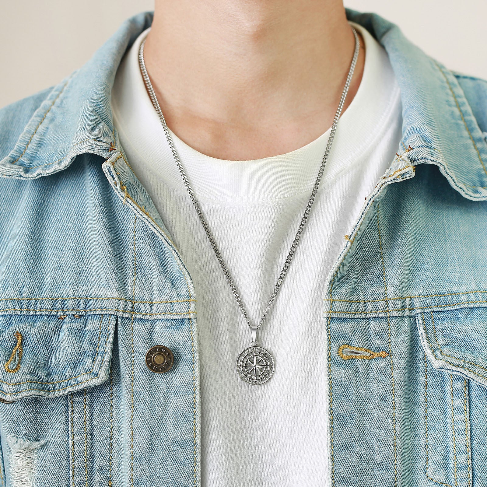 Gold compass coin pendant necklace for men, stylish hip hop jewelry, featuring a detailed compass coin design.