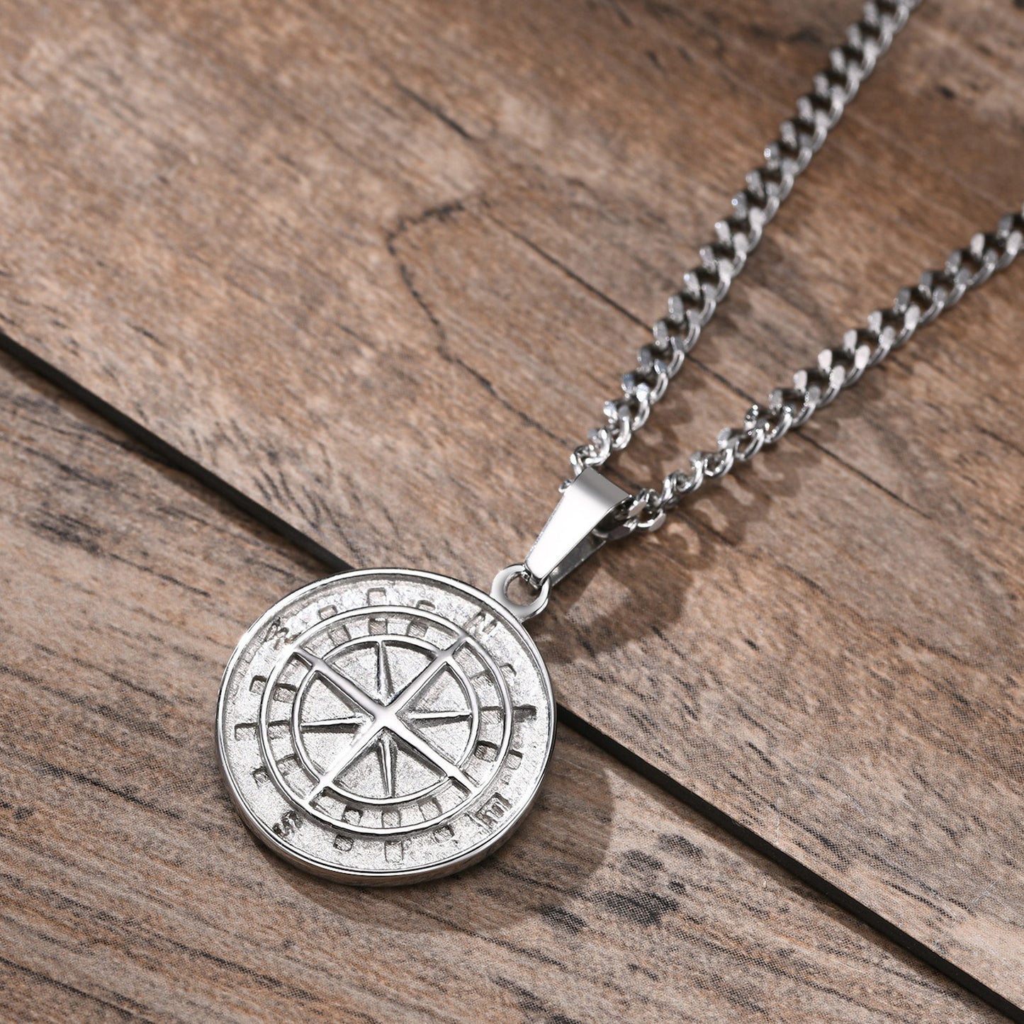 Men's gold compass coin pendant necklace with hip hop style, featuring a detailed compass design on a chain.