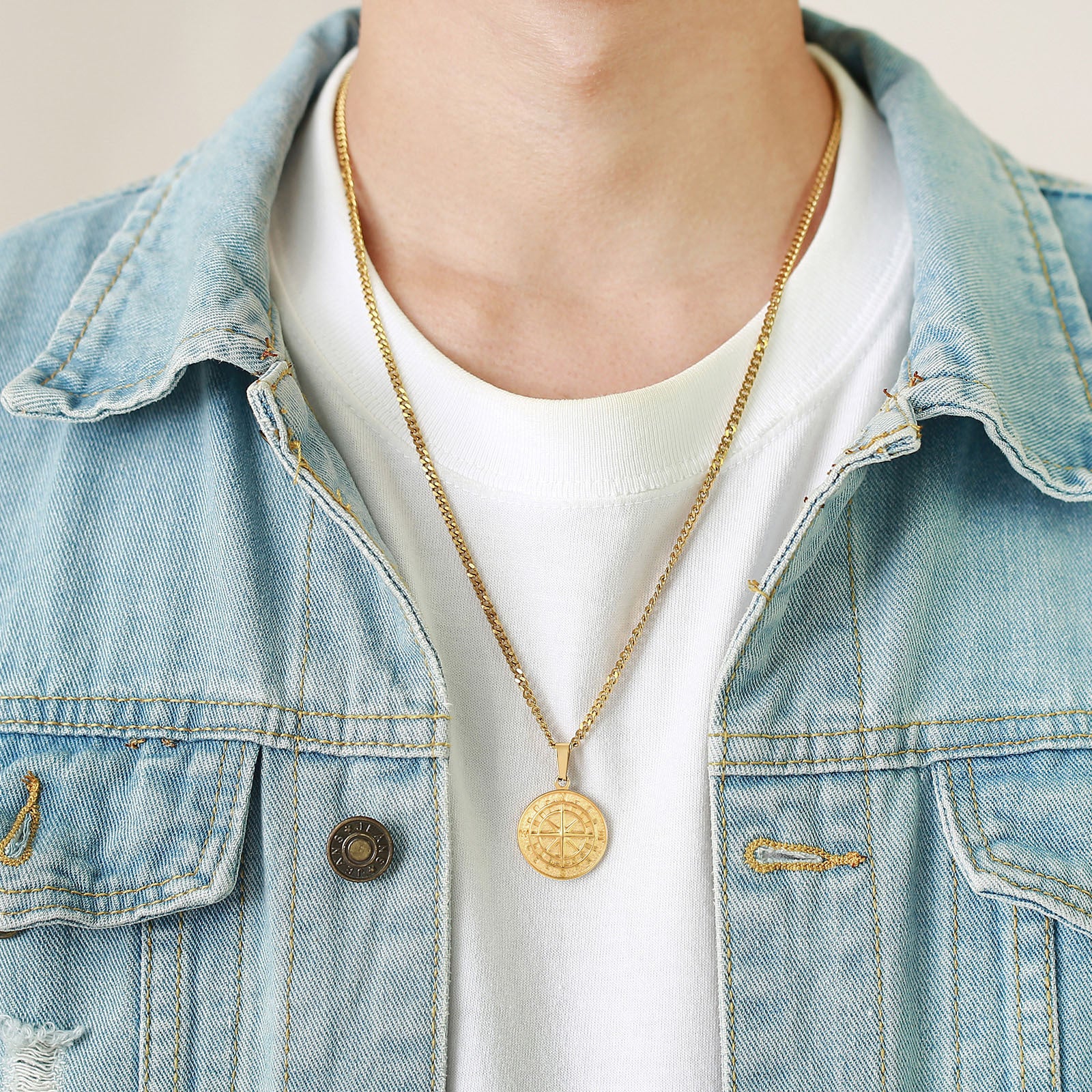 Gold compass coin pendant necklace for men, featuring a detailed compass design, stylish hip hop accessory by eprolo.