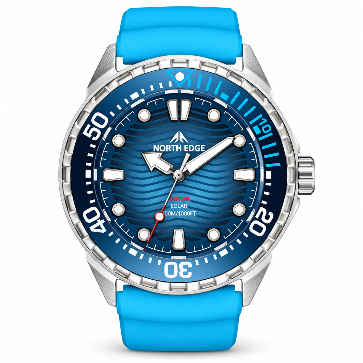 Ticora North Edge Triton-Ti solar-powered titanium diving watch with blue dial and stainless steel bracelet on white background