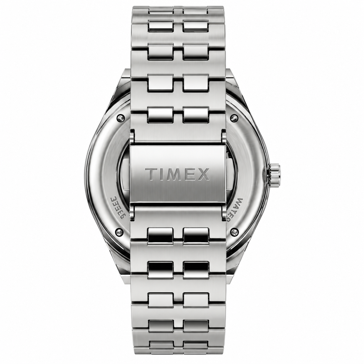 Stainless steel Timex automatic watch with visible case back, showcasing the intricate watch movement and sleek design.