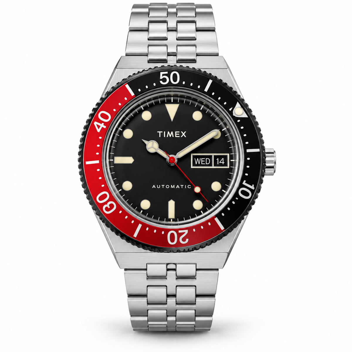 Ticora TIMEX automatic stainless steel dive watch with Pepsi-style bezel and black dial on stainless steel bracelet.